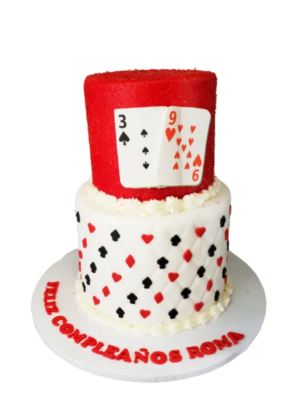 Red and white playing-card celebration cake